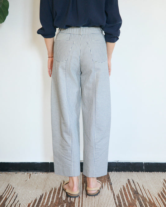 Pantalone barrel Anciùa in jeans a righe marinare